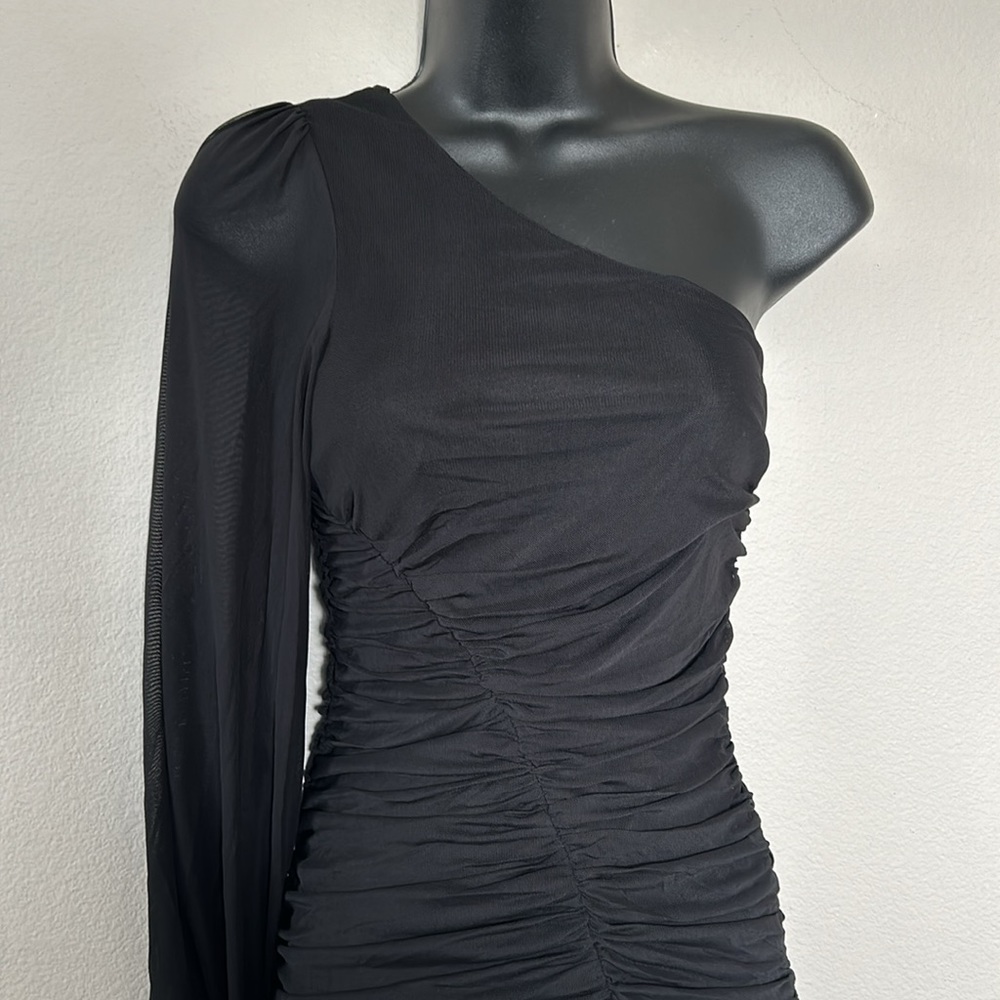 Princess Polly Dante Long Sleeve One Shoulder Ruched Mini Dress Black - Picture 4 of 12